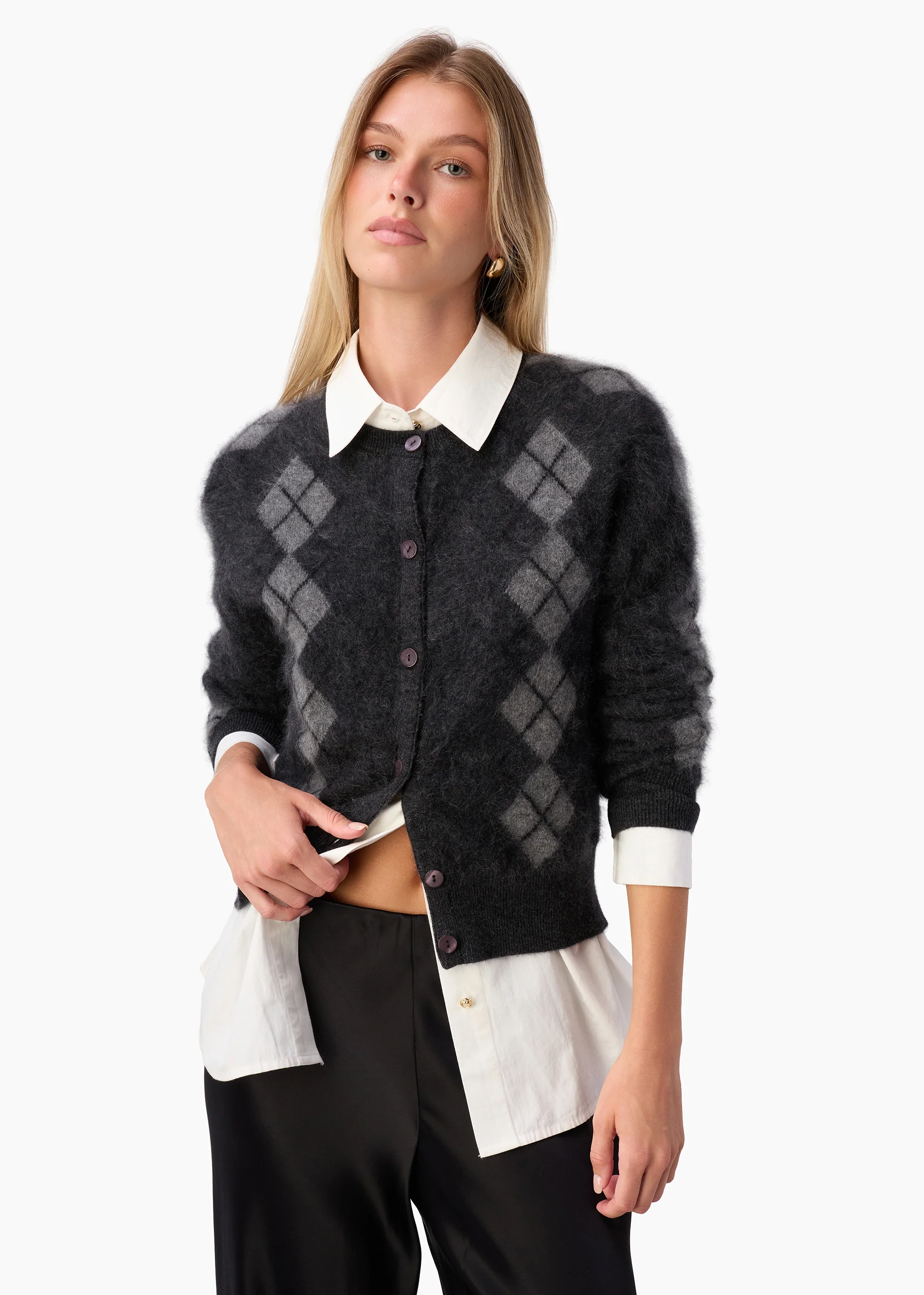 Dorian Cashmere Cardigan Gray Argyle - Image 3