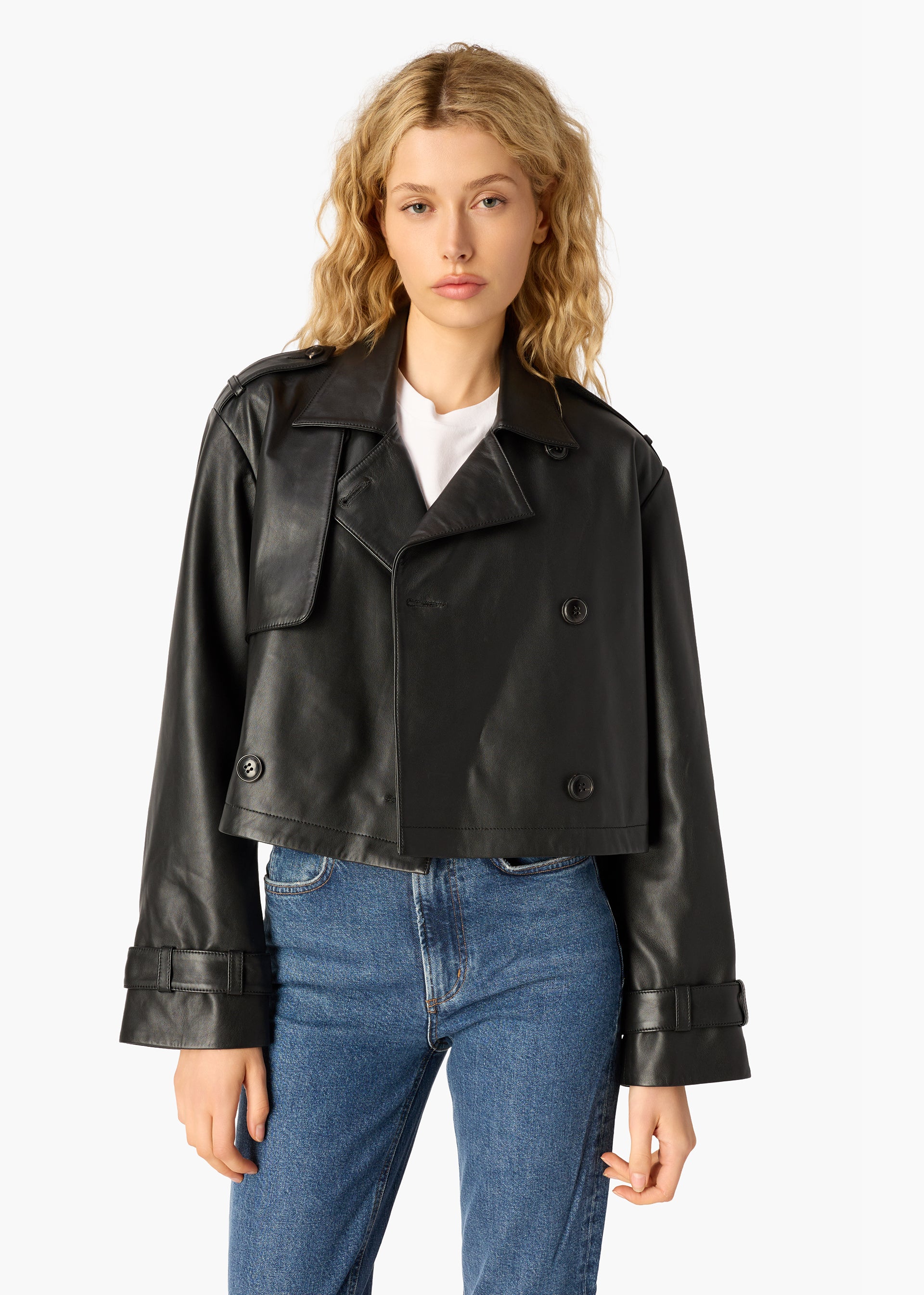 Saskia Genuine Leather Cropped Trench Black - Image 3