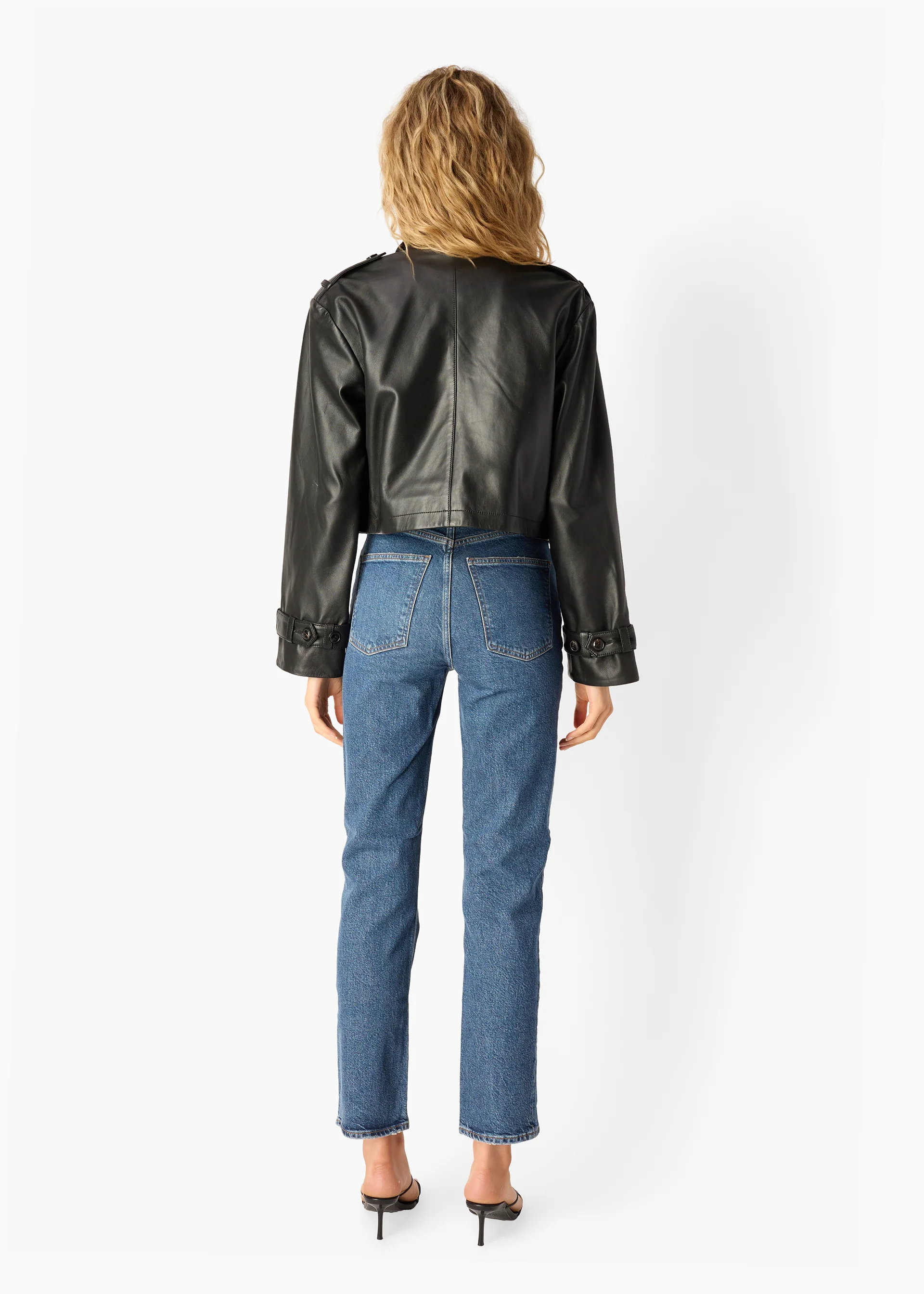Saskia Genuine Leather Cropped Trench Black - Image 4